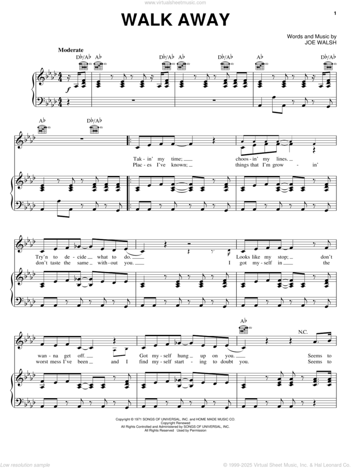 Walk Away sheet music for voice, piano or guitar by The James Gang and Joe Walsh, intermediate skill level