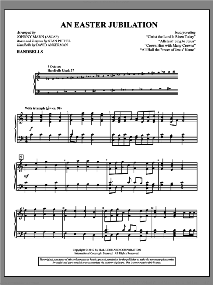 An Easter Jubilation sheet music for handbells by Johnny Mann, intermediate skill level