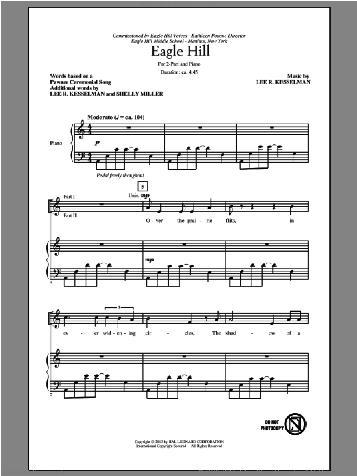 Eagle Hill sheet music for choir (2-Part) by Lee R. Kesselman and Shelly Miller, intermediate duet