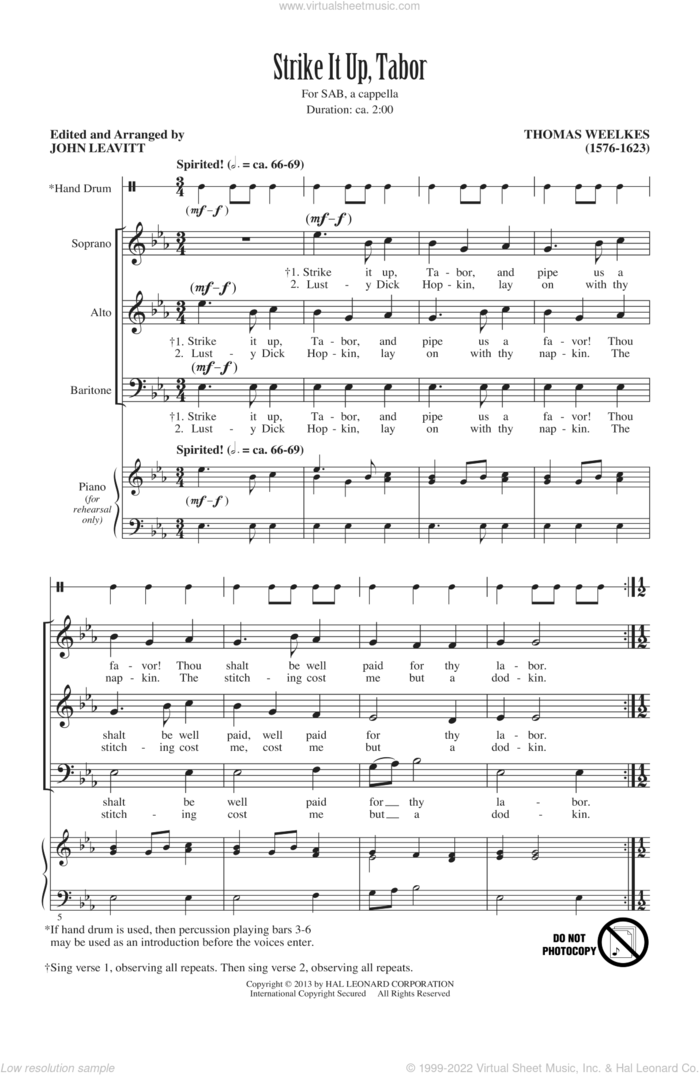 Strike It Up, Tabor sheet music for choir (SAB: soprano, alto, bass) by John Leavitt and Thomas Weelkes, intermediate skill level