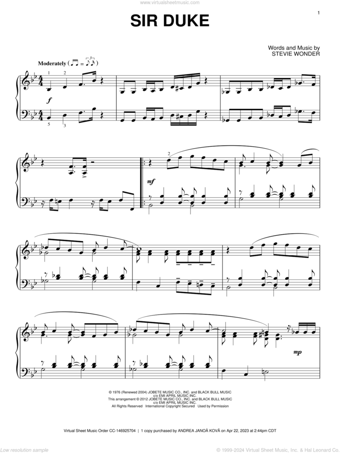 Sir Duke, (intermediate) sheet music for piano solo by Stevie Wonder, intermediate skill level