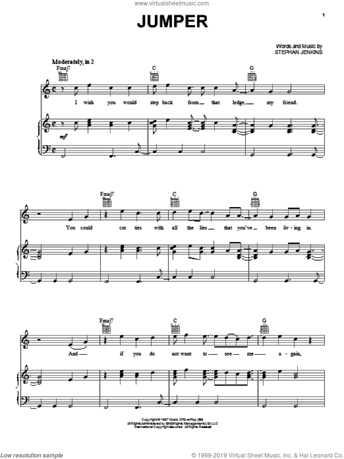 Jumper sheet music for voice, piano or guitar by Third Eye Blind and Stephan Jenkins, intermediate skill level