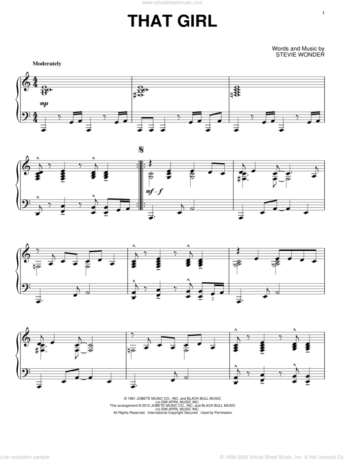 That Girl sheet music for piano solo by Stevie Wonder, intermediate skill level