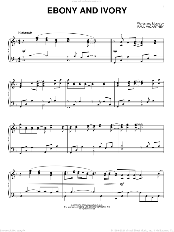 Ebony And Ivory sheet music for piano solo by Stevie Wonder and Paul McCartney, intermediate skill level