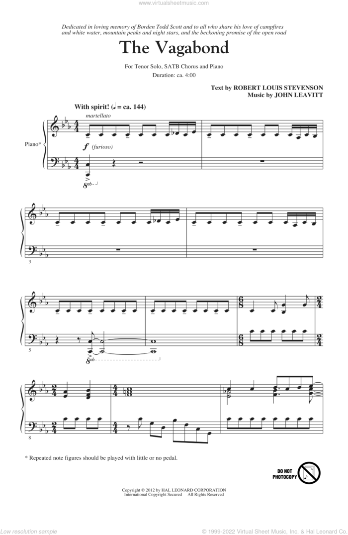 The Vagabond sheet music for choir (SATB: soprano, alto, tenor, bass) by Robert Louis Stevenson and John Leavitt, intermediate skill level