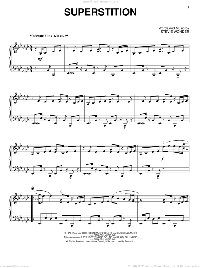Superstition sheet music for piano solo by Stevie Wonder and Stevie Ray Vaughan, intermediate skill level