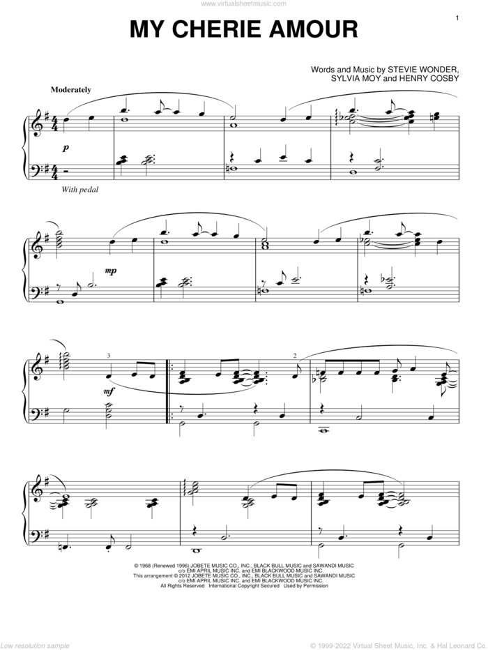 My Cherie Amour sheet music for piano solo by Stevie Wonder, Henry Cosby and Sylvia Moy, intermediate skill level