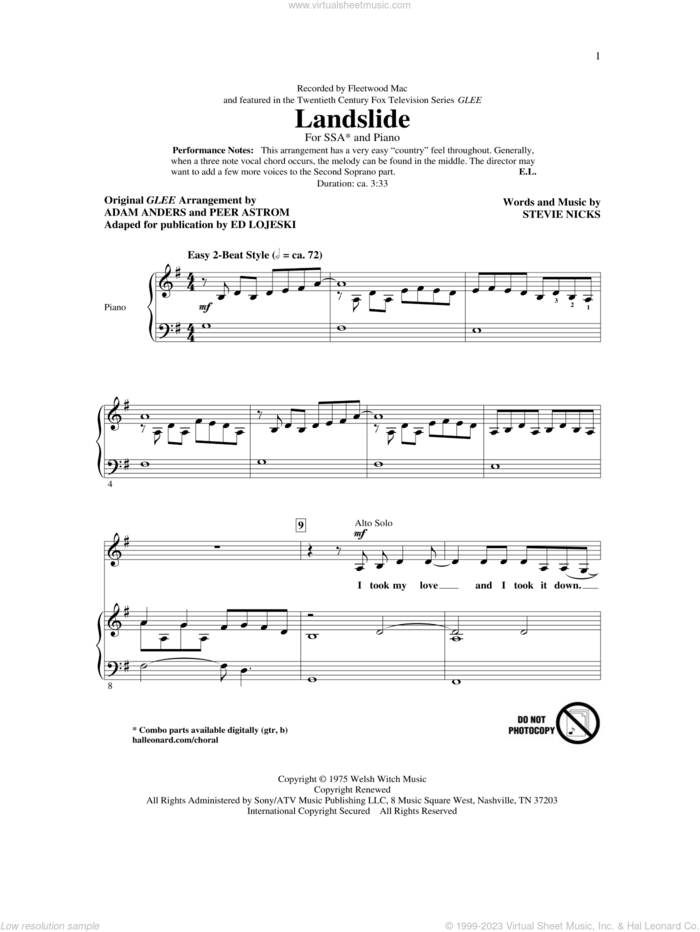 Landslide sheet music for choir (SSA: soprano, alto) by Glee Cast, Ed Lojeski, Fleetwood Mac and Stevie Nicks, intermediate skill level
