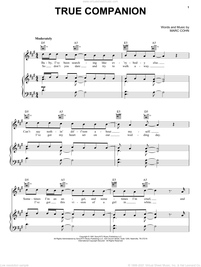 True Companion sheet music for voice, piano or guitar by Marc Cohn, intermediate skill level