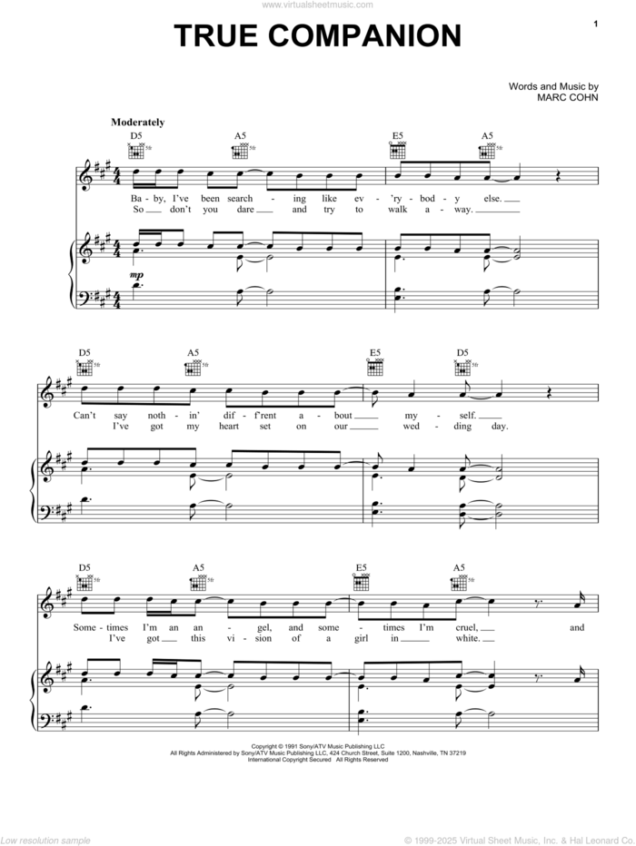 True Companion sheet music for voice, piano or guitar by Marc Cohn, intermediate skill level