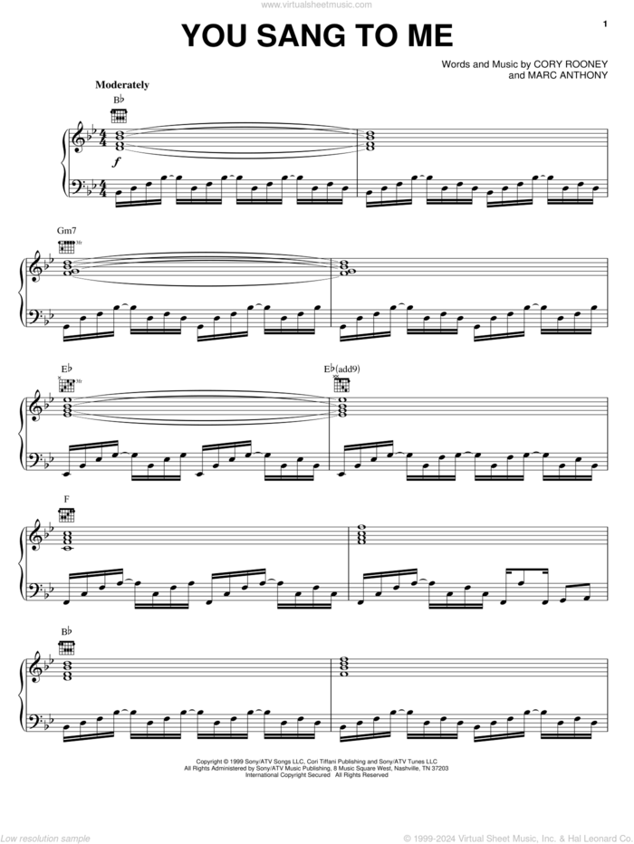 You Sang To Me sheet music for voice, piano or guitar by Marc Anthony and Cory Rooney, intermediate skill level