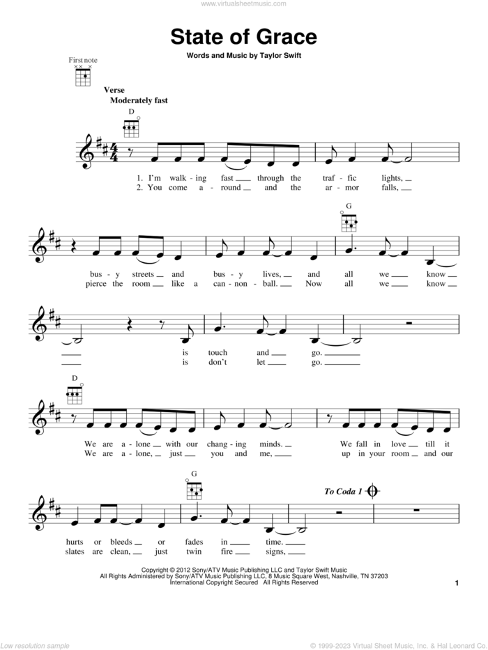 State Of Grace sheet music for ukulele by Taylor Swift, intermediate skill level