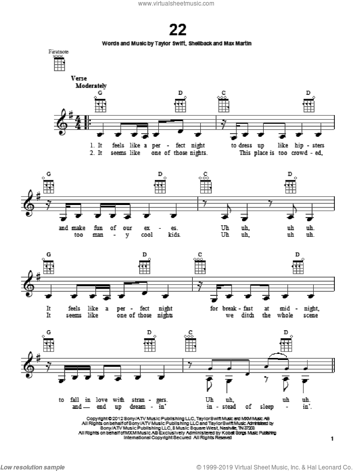 22 sheet music for ukulele by Taylor Swift, Max Martin and Shellback, intermediate skill level