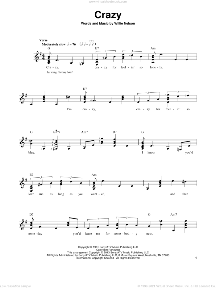 Crazy, (easy) sheet music for guitar solo (chords) by Willie Nelson and Patsy Cline, easy guitar (chords)