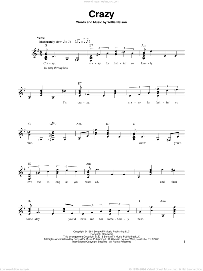 Crazy, (easy) sheet music for guitar solo (chords) by Willie Nelson and Patsy Cline, easy guitar (chords)