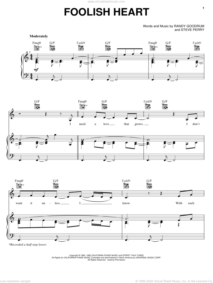 Foolish Heart sheet music for voice, piano or guitar by Steve Perry and Randy Goodrum, intermediate skill level