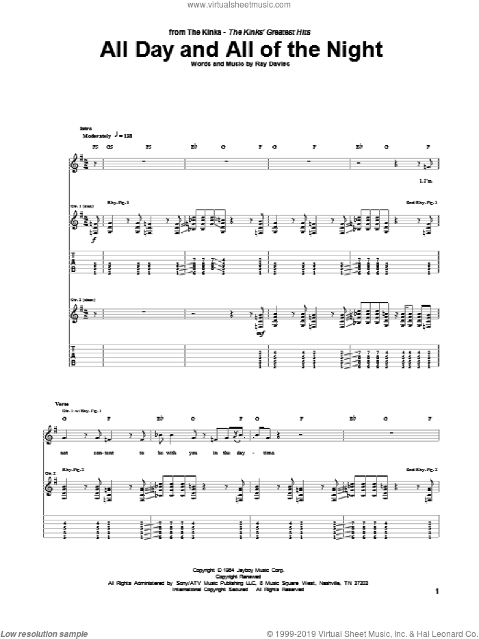 All Day And All Of The Night sheet music for guitar (tablature) by The Kinks and Ray Davies, intermediate skill level