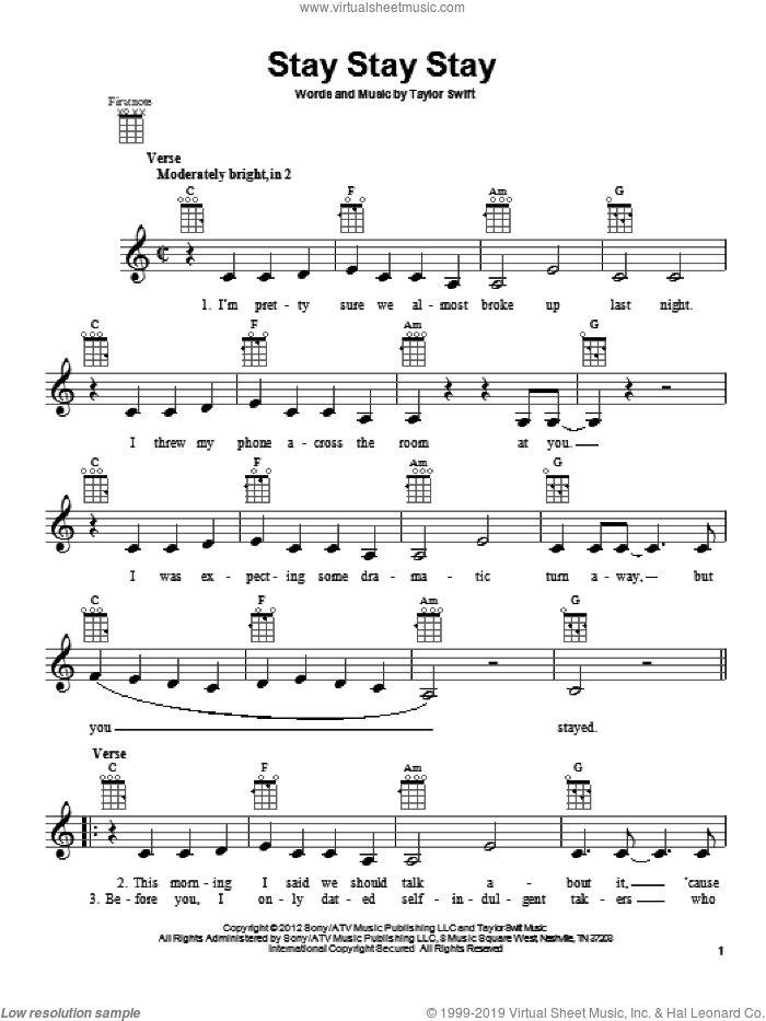 Stay Stay Stay sheet music for ukulele by Taylor Swift, intermediate skill level