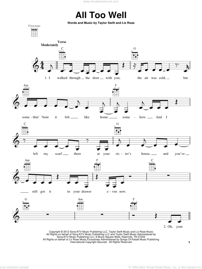 All Too Well sheet music for ukulele by Taylor Swift and Liz Rose, intermediate skill level
