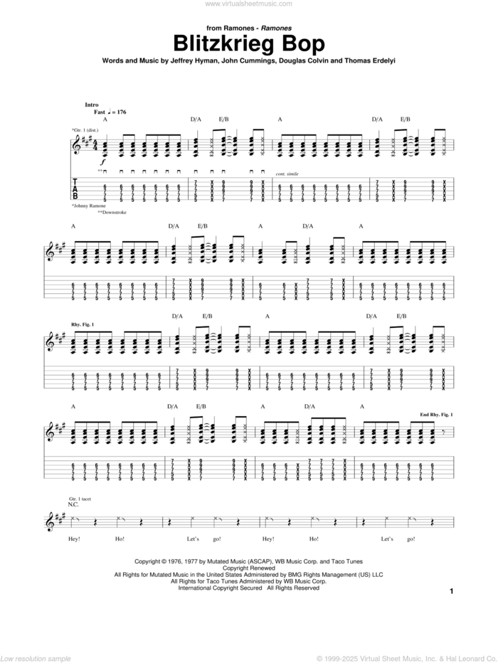 Blitzkrieg Bop sheet music for guitar (tablature) by The Ramones, intermediate skill level