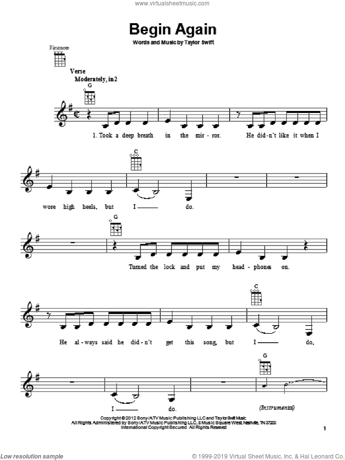 Begin Again sheet music for ukulele by Taylor Swift, intermediate skill level
