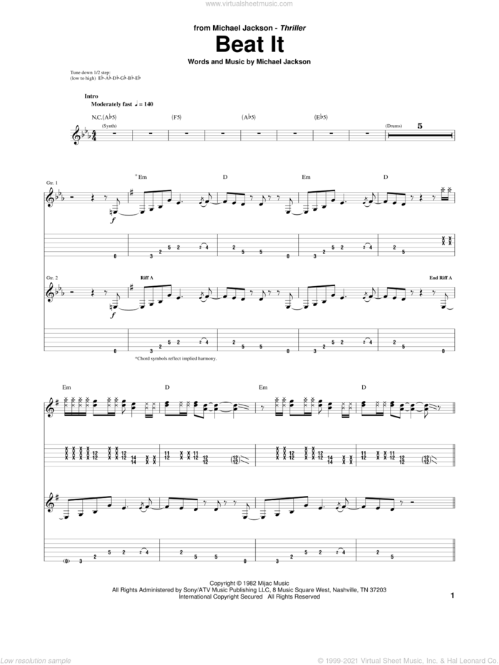 Beat It sheet music for guitar (tablature) by Michael Jackson, intermediate skill level