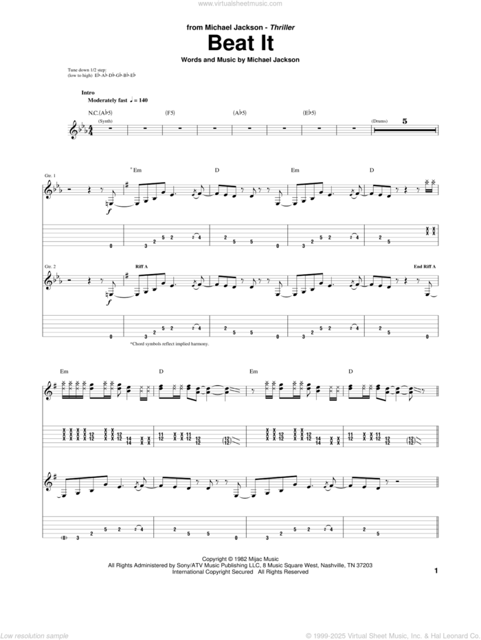 Beat It sheet music for guitar (tablature) by Michael Jackson, intermediate skill level