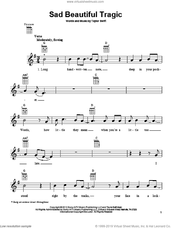 Sad Beautiful Tragic sheet music for ukulele by Taylor Swift, intermediate skill level