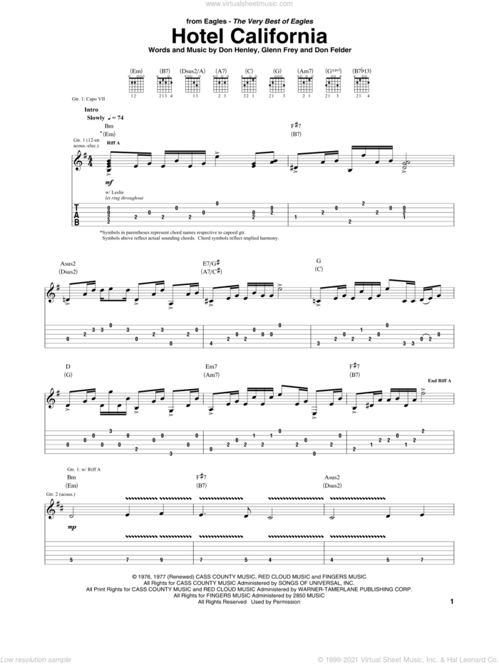 Hotel California sheet music for guitar (tablature) by The Eagles, Don Felder, Don Henley and Glenn Frey, intermediate skill level
