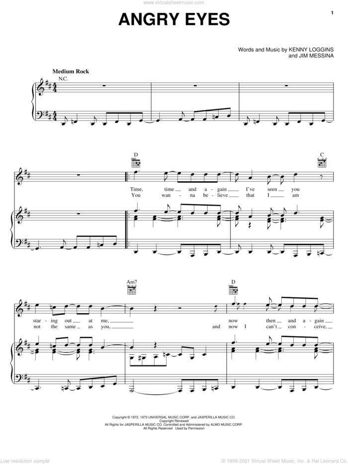 Angry Eyes sheet music for voice, piano or guitar by Loggins & Messina, Jim Messina and Kenny Loggins, intermediate skill level