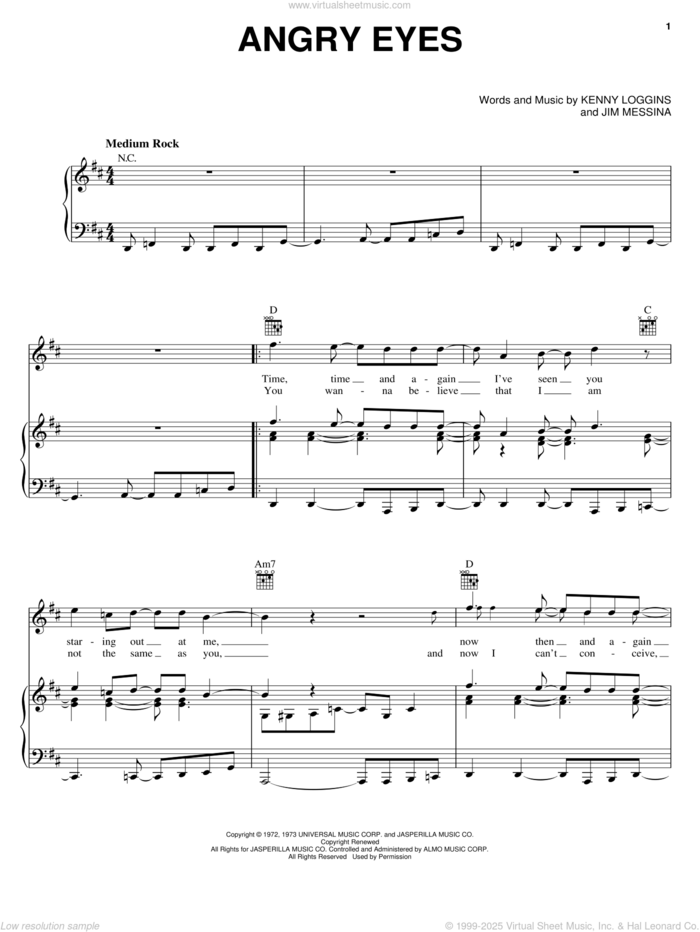 Angry Eyes sheet music for voice, piano or guitar by Loggins & Messina, Jim Messina and Kenny Loggins, intermediate skill level