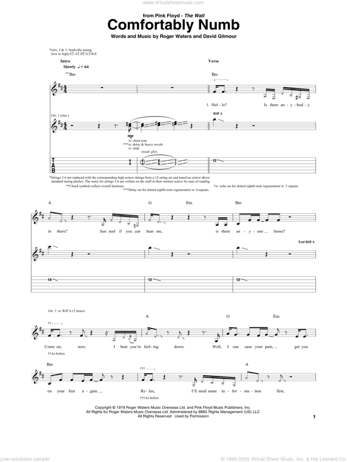 Comfortably Numb sheet music for guitar (tablature) by Pink Floyd, David Gilmour and Roger Waters, intermediate skill level