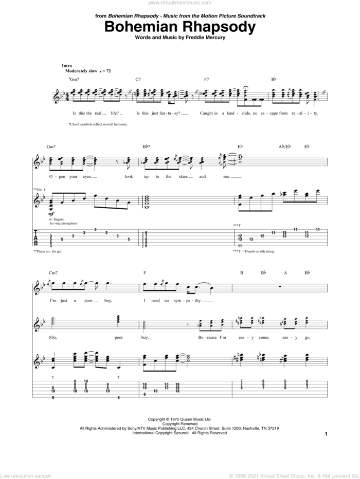 Bohemian Rhapsody sheet music for guitar (tablature) by Queen and Freddie Mercury, intermediate skill level