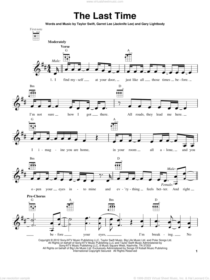 The Last Time sheet music for ukulele by Taylor Swift, intermediate skill level