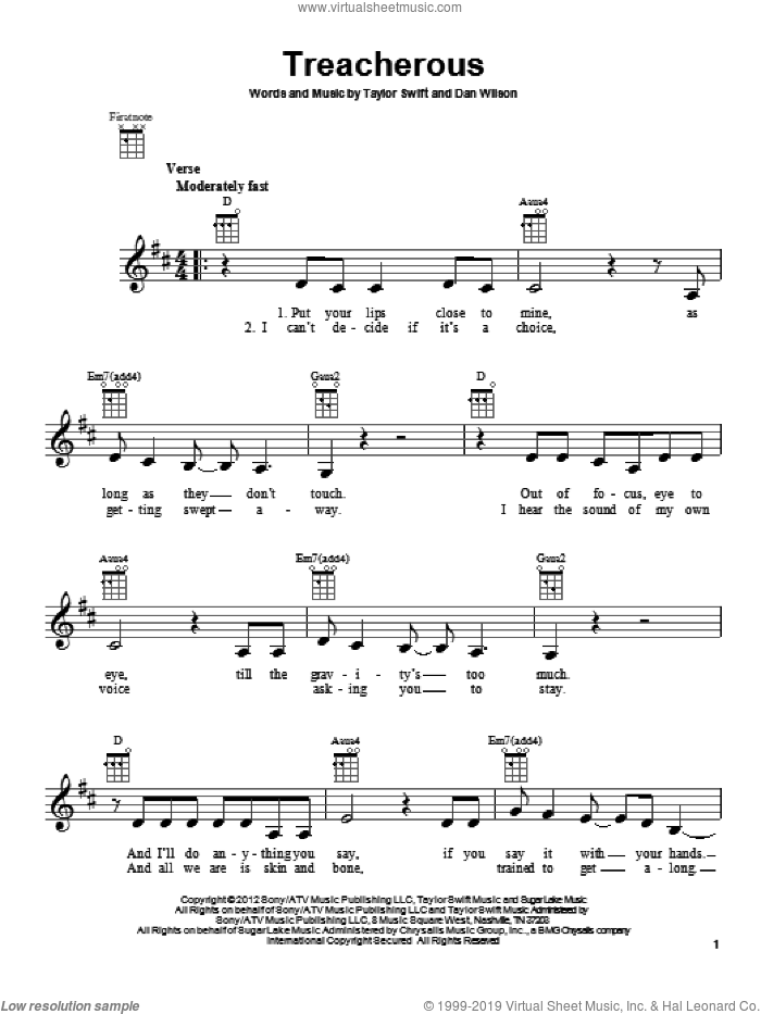 Treacherous sheet music for ukulele by Taylor Swift and Dan Wilson, intermediate skill level