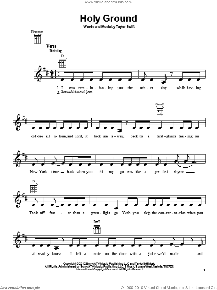 Holy Ground sheet music for ukulele by Taylor Swift, intermediate skill level