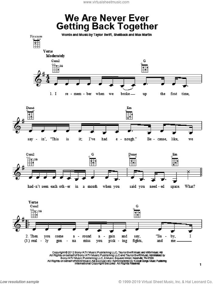 We Are Never Ever Getting Back Together sheet music for ukulele by Taylor Swift, Max Martin and Shellback, intermediate skill level