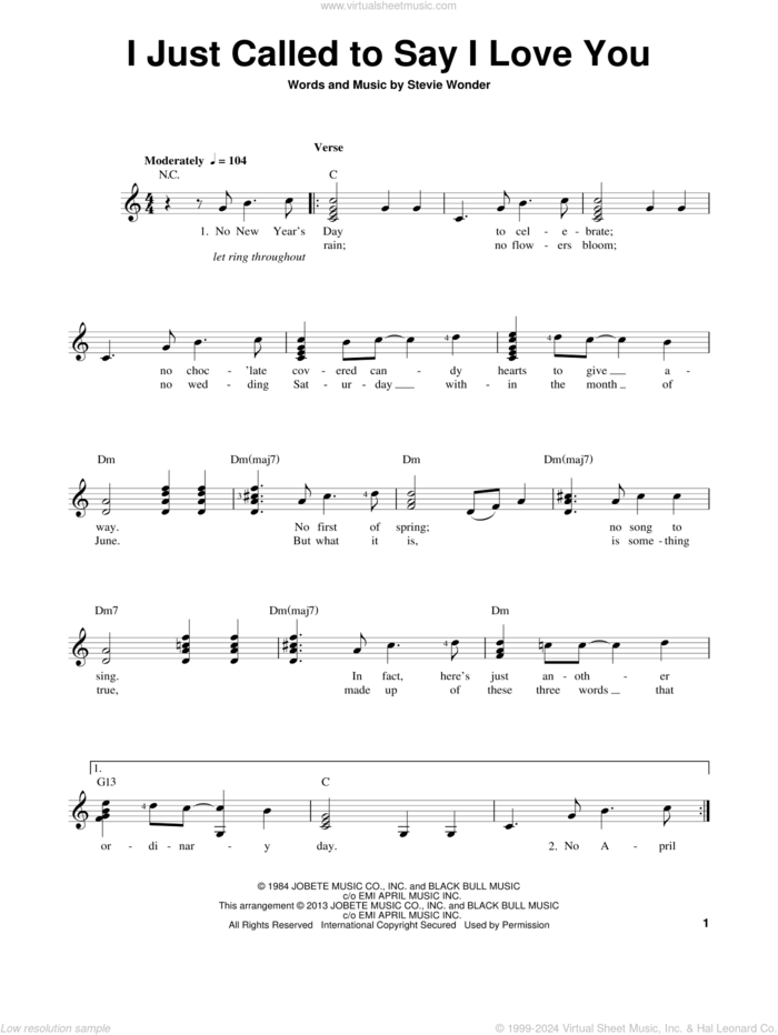 I Just Called To Say I Love You sheet music for guitar solo (chords) by Stevie Wonder, easy guitar (chords)