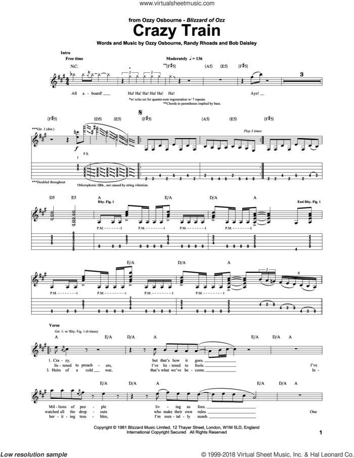 Crazy Train sheet music for guitar (tablature) by Ozzy Osbourne and Randy Rhoads, intermediate skill level