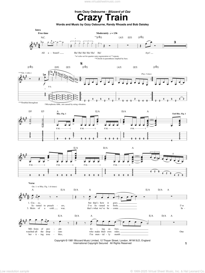 Crazy Train sheet music for guitar (tablature) by Ozzy Osbourne and Randy Rhoads, intermediate skill level