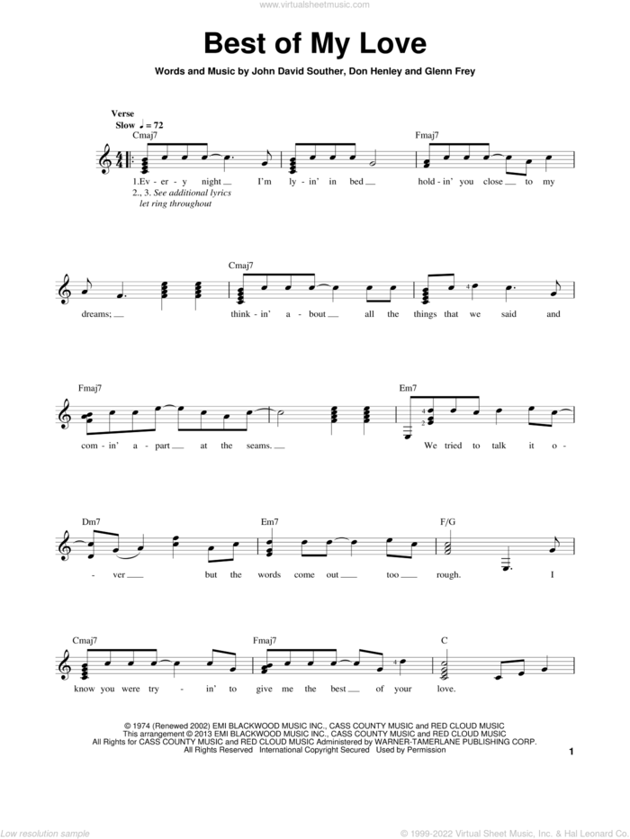 Best Of My Love sheet music for guitar solo (chords) by The Eagles and Don Henley, easy guitar (chords)