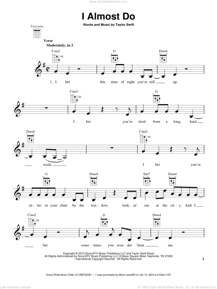 I Almost Do sheet music for ukulele by Taylor Swift, intermediate skill level
