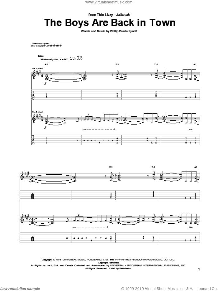 The Boys Are Back In Town sheet music for guitar (tablature) by Thin Lizzy and Phil Lynott, intermediate skill level
