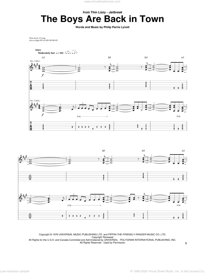 The Boys Are Back In Town sheet music for guitar (tablature) by Thin Lizzy and Phil Lynott, intermediate skill level