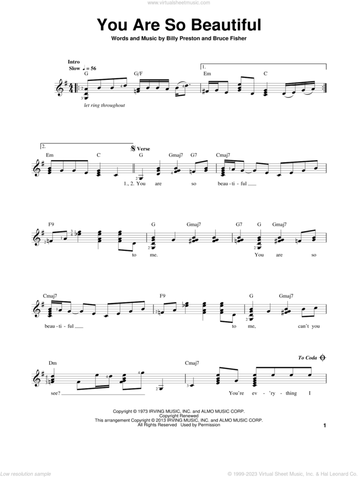You Are So Beautiful sheet music for guitar solo (chords) by Joe Cocker, Billy Preston and Bruce Fisher, easy guitar (chords)