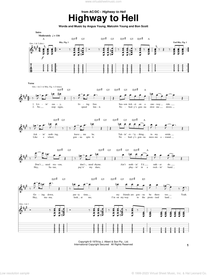 Highway To Hell sheet music for guitar (tablature) by AC/DC, Angus Young, Bon Scott and Malcolm Young, intermediate skill level