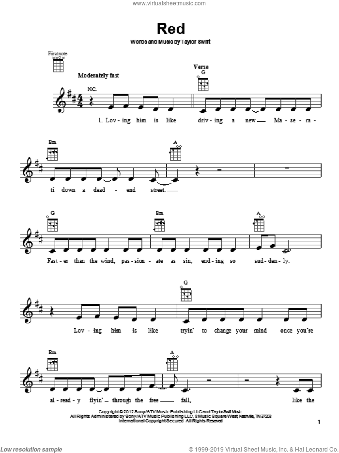 Red sheet music for ukulele by Taylor Swift, intermediate skill level