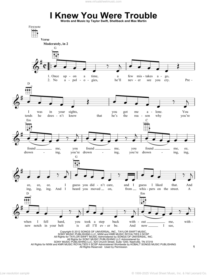 I Knew You Were Trouble sheet music for ukulele by Taylor Swift, Max Martin and Shellback, intermediate skill level