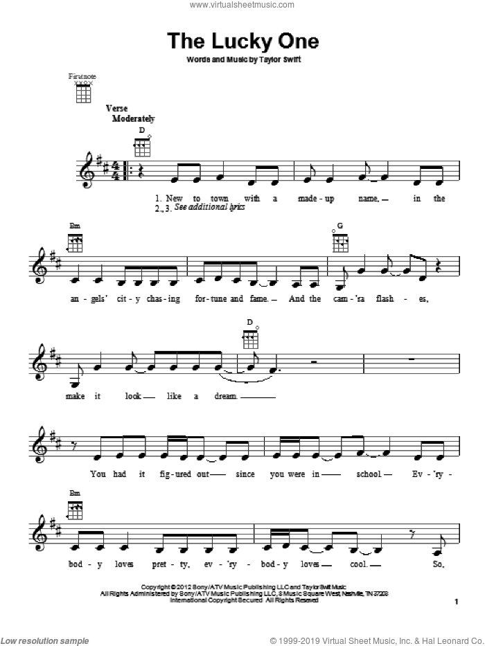 The Lucky One sheet music for ukulele by Taylor Swift, intermediate skill level