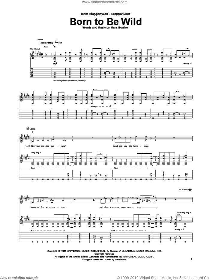 Born To Be Wild sheet music for guitar (tablature) by Steppenwolf and Mars Bonfire, intermediate skill level